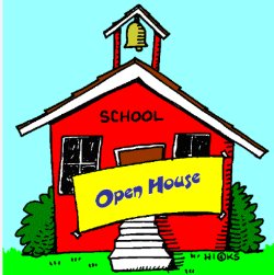Clipart image of a little red schoolhouse with a yellow banner that says Open House.